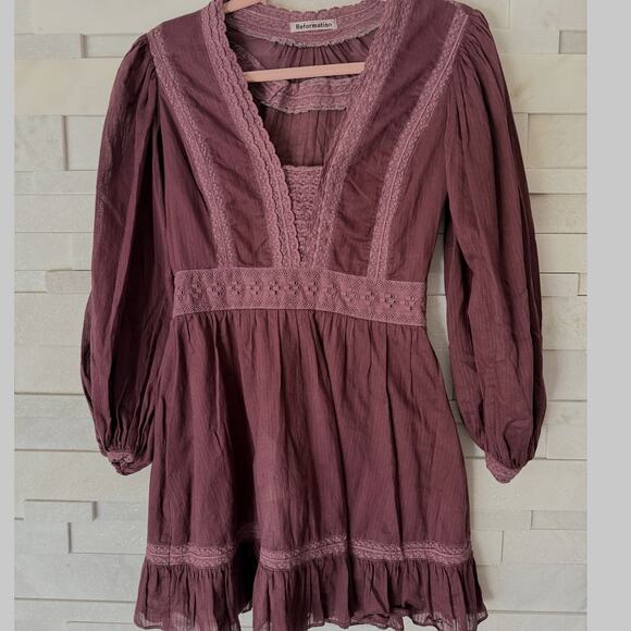 REFORMATION Elisabetta Lace Semi Sheer Balloon Sleeve Mini Dress Prairie 4 Wine - Picture 1 of 4